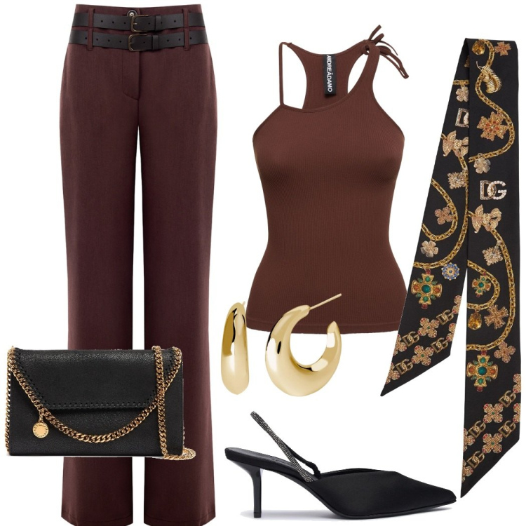 Outfit donna - Dark chocolate da sera. Stile Chic per Serata fuori. Abbinamento con pantaloni, orecchini, foulard, borse a spalla, canottiere, décolleté.