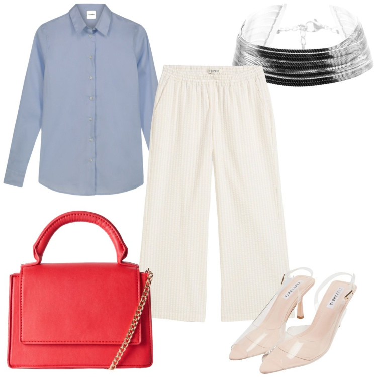 Outfit donna - Total look #2208909. Stile Trendy per Tutti i giorni. Abbinamento con pantaloni a palazzo, borse a tracolla, sandali col tacco, braccialetti, camicie.