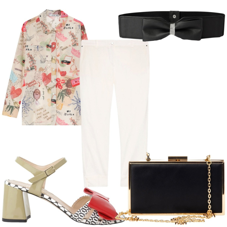 Outfit donna - Total look #2208910. Stile Trendy per Tutti i giorni. Abbinamento con cinture, pochette, camicie, sandali col tacco, pantaloni chino.