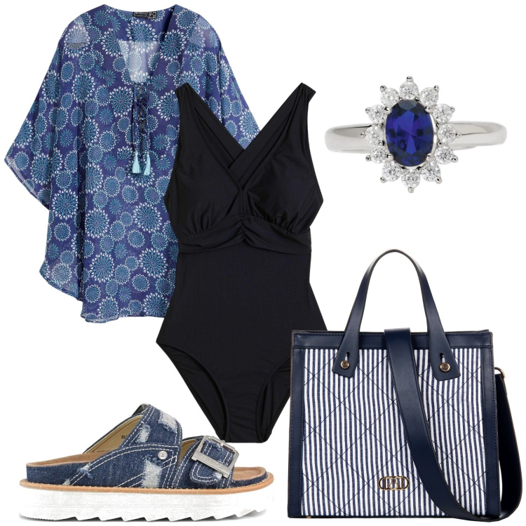 Outfit donna - Blu comodo. per Mare. Abbinamento con costumi interi, vestiti da spiaggia, anelli, shopping bag, sandali.