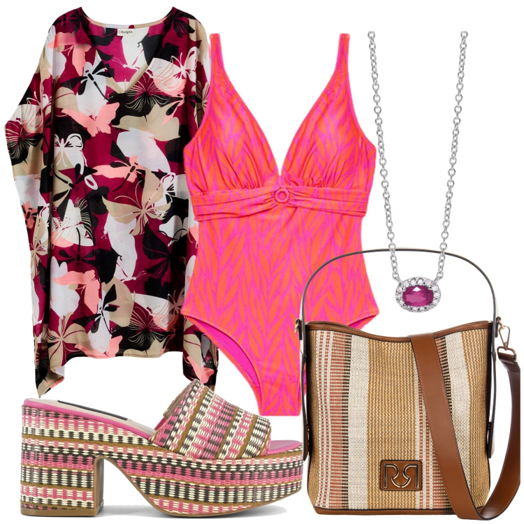 Outfit donna - Estate colorata. per Mare. Abbinamento con vestiti da spiaggia, collane, borse a secchiello, zeppe, bikini.