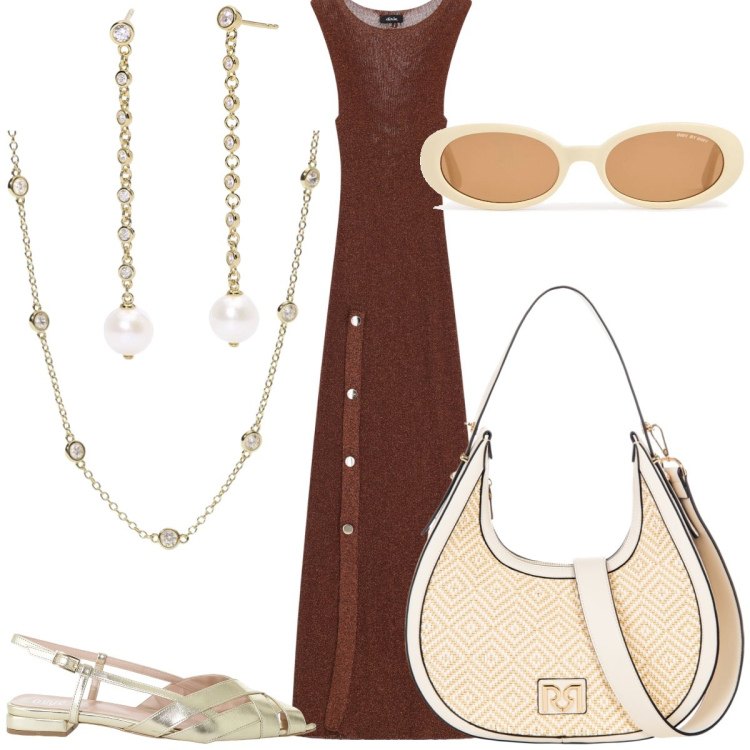 Outfit donna - In vacanza. Stile Casual chic per Tutti i giorni. Abbinamento con borse a mano, orecchini, collane, vestiti lunghi, sandali, occhiali da sole.