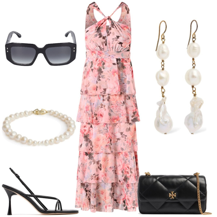 Outfit donna - Cerimonia. Stile Chic per Cerimonia. Abbinamento con vestiti lunghi, sandali in pelle, occhiali da sole, braccialetti, borse a spalla, orecchini.