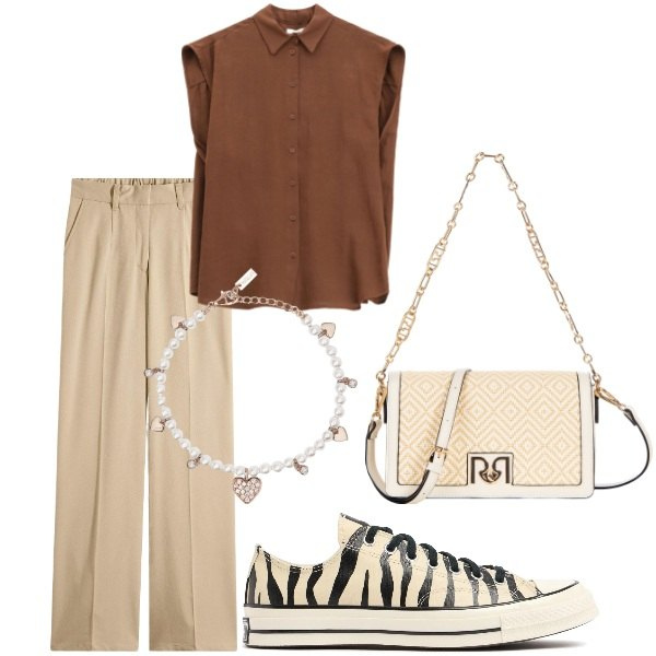 Outfit donna - Serata tra amici. Stile Casual per Tutti i giorni. Abbinamento con pantaloni, borse a tracolla, braccialetti, camicie, sneakers.