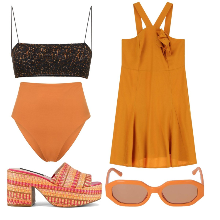 Outfit donna - Come una diva. Stile Trendy per Mare. Abbinamento con vestiti asimmetrici, zeppe, occhiali da sole, bikini, bikini.