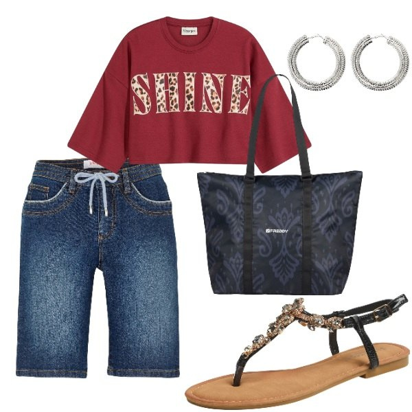 Outfit donna - Outifit di luglio. Stile Casual per Tutti i giorni. Abbinamento con bermuda, t-shirt, sandali gioiello, shopping bag, orecchini.