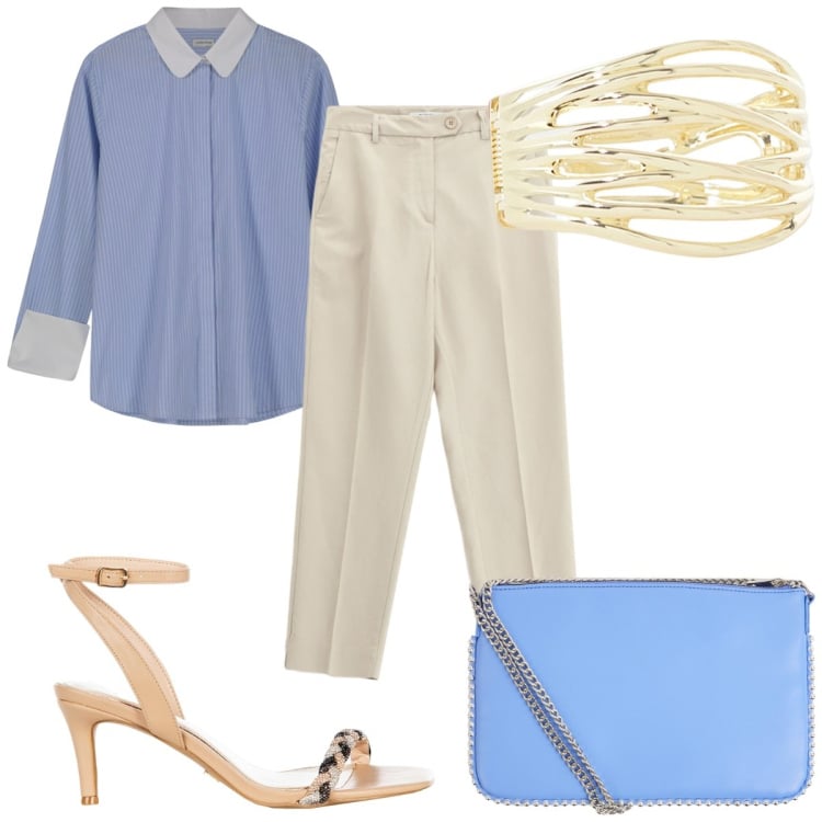 Outfit donna - Total look #2208955. Stile Trendy per Tutti i giorni. Abbinamento con borse a tracolla, sandali in pelle, pantaloni chino, braccialetti, camicie.