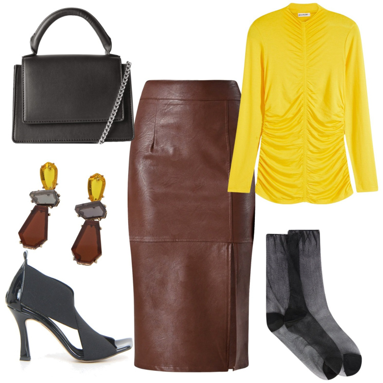 Outfit donna - Gonna di pelle. Stile Chic per Tutti i giorni. Abbinamento con maglieria, borse a tracolla, gonne longuette, orecchini, calzini, sandali in pelle.