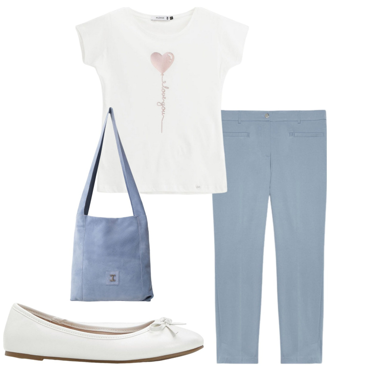 Outfit donna - Tutti i giorni. Stile Basic per Tutti i giorni. Abbinamento con ballerine, t-shirt, borse a tracolla, pantaloni chino.