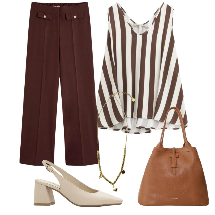 Outfit donna - A righe. Stile Casual chic per Tutti i giorni. Abbinamento con pantaloni, décolleté, top, borse tote, ciondoli.