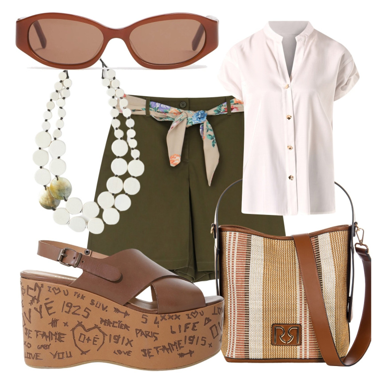 Outfit donna - Con i colori della natura. Stile Casual per Tutti i giorni. Abbinamento con shorts, zeppe, borse a secchiello, camicie a manica corta, occhiali da sole, ciondoli.