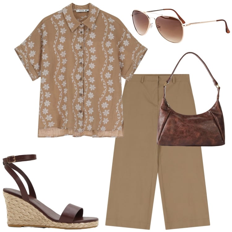 Outfit donna - In ufficio. Stile Casual per Ufficio. Abbinamento con occhiali da sole, borse a mano, sandali, pantaloni, camicie a manica corta.