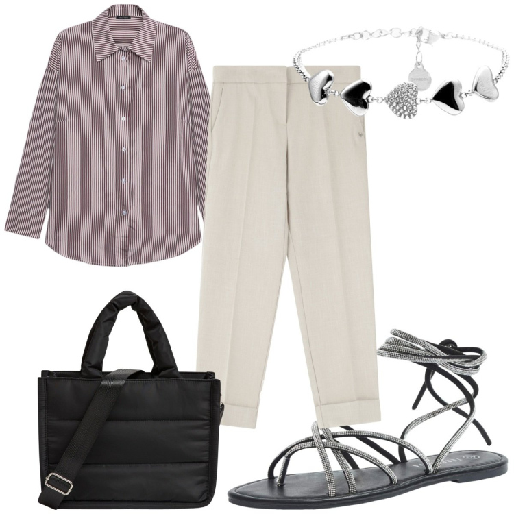 Outfit donna - Total look #2208982. Stile Trendy per Tutti i giorni. Abbinamento con sandali alla schiava, shopping bag, pantaloni, braccialetti, camicie.