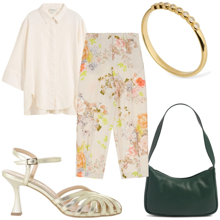 Outfit donna - Total look #2208983. Stile Trendy per Tutti i giorni. Abbinamento con camicie, pantaloni chino, sandali col tacco, borse a spalla, anelli.