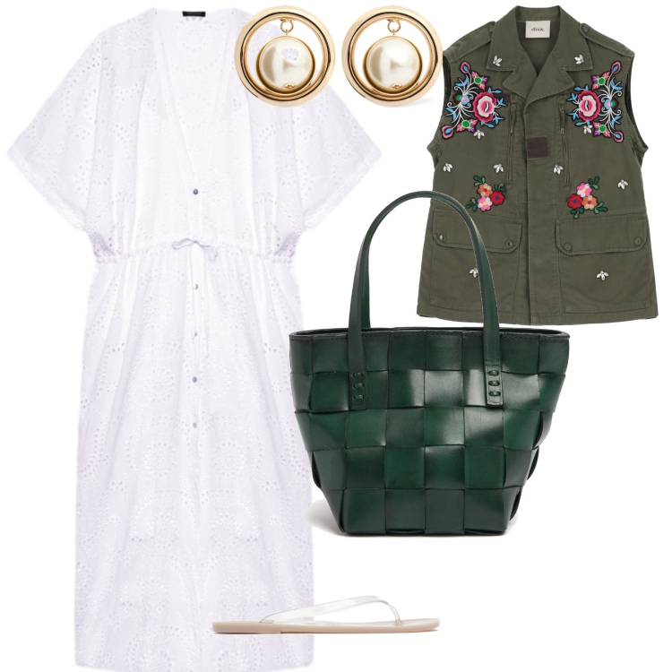 Outfit donna - Di giorno. per Tutti i giorni. Abbinamento con gilet, caftani, borse a mano, orecchini, infradito.