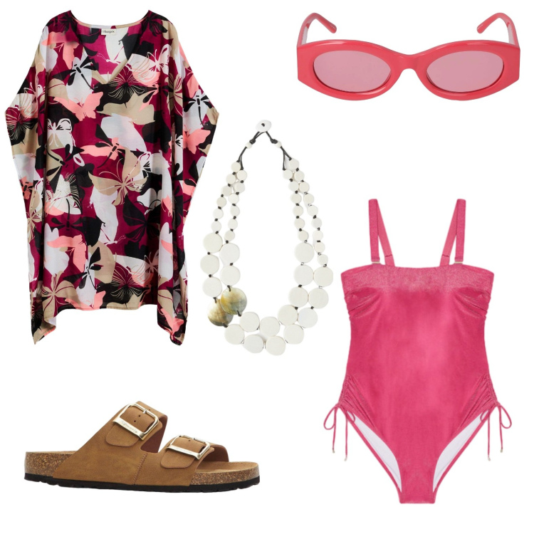 Outfit donna - Al mare. Stile Glamour per Mare. Abbinamento con vestiti da spiaggia, ciabatte, costumi interi, ciondoli, occhiali da sole.