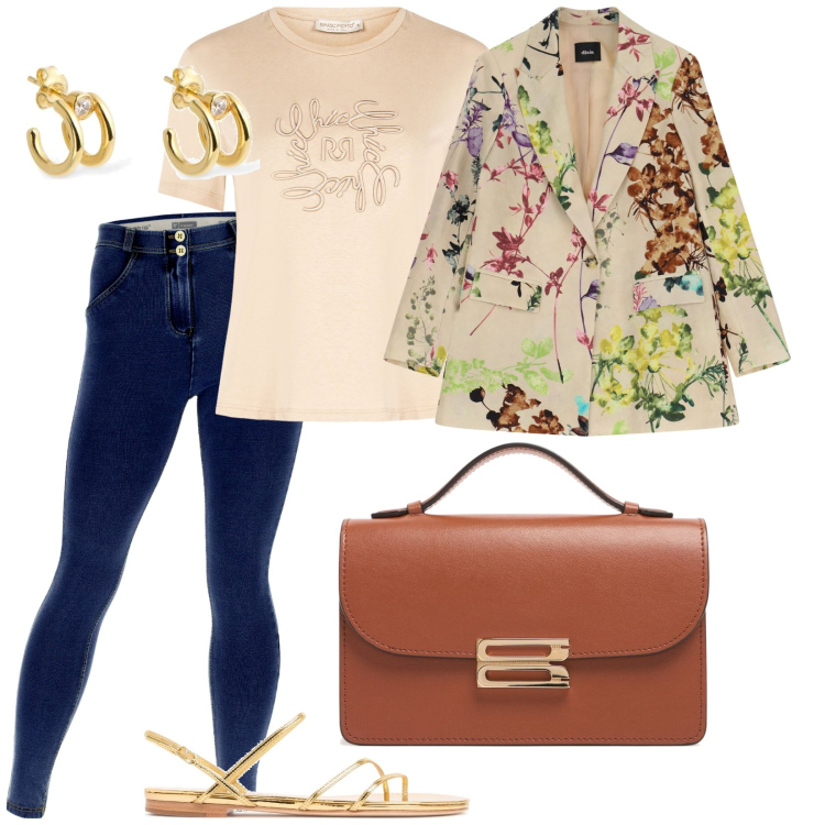 Outfit donna - A lavoro con jeans e sandali. per Ufficio. Abbinamento con t-shirt, jeggings, blazer, orecchini, sandali in pelle, borse a spalla.