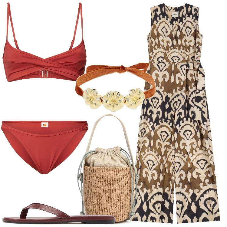Outfit donna - Il costume perfetto - @ellystyle. Stile Etnico per Mare. Abbinamento con tute, collane, bikini, ciabatte, bikini, borse a secchiello.