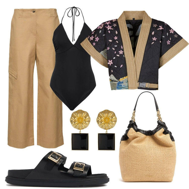 Outfit donna - Accostamento audace. Stile Casual per Tutti i giorni. Abbinamento con kimono, orecchini, pantaloni cargo, body, sandali in pelle, borse tote.