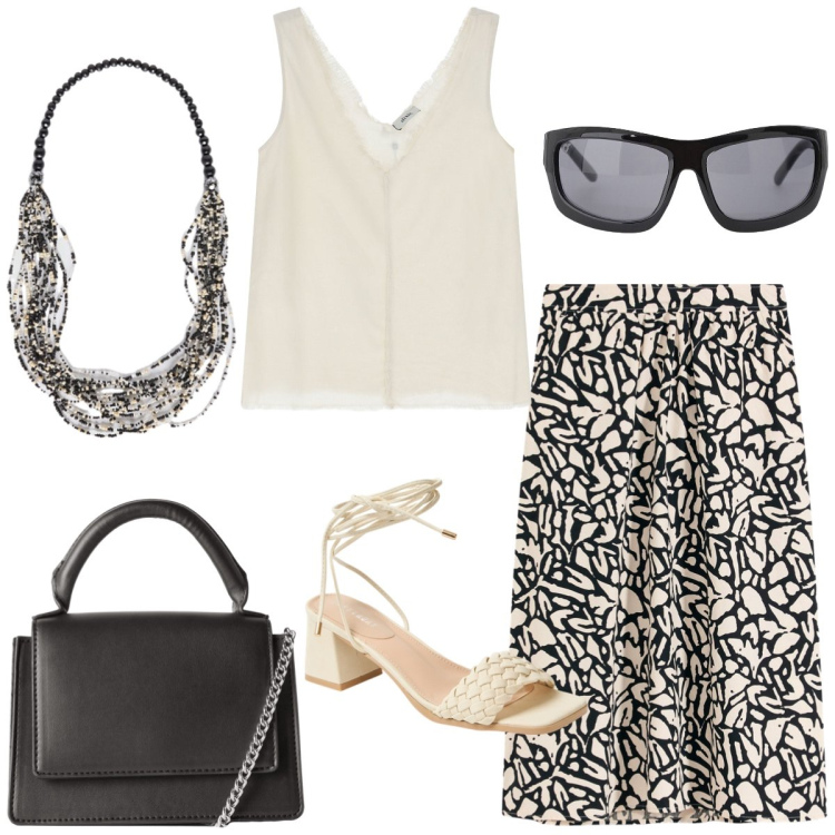 Outfit donna - Pomeriggio in città. Stile Bon Ton per Tutti i giorni. Abbinamento con gonne longuette, borse a tracolla, sandali alla schiava, occhiali da sole, top, collane.