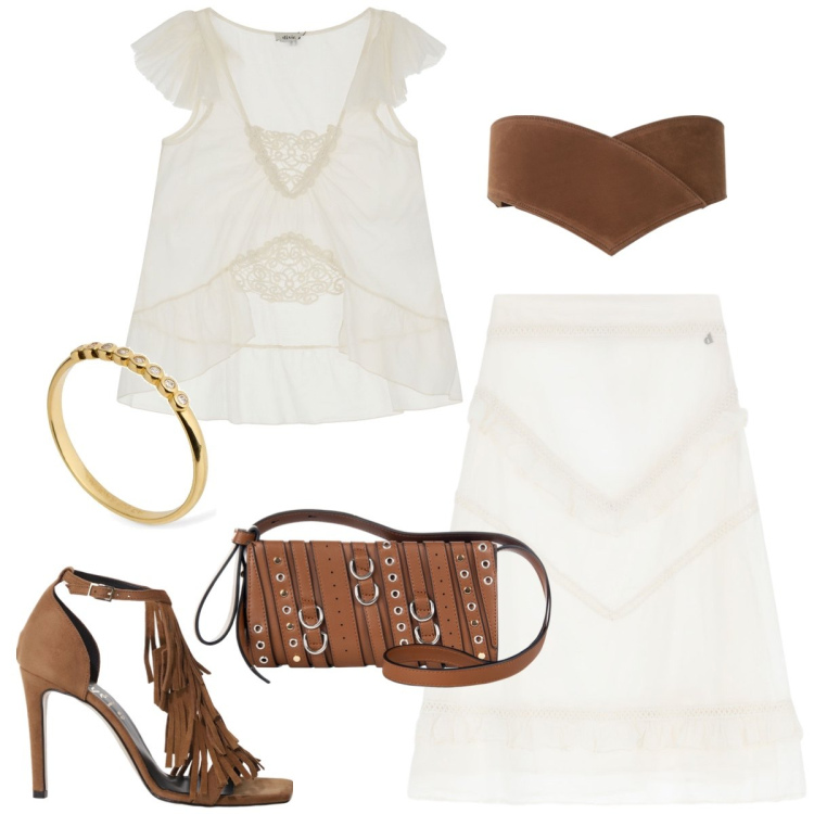 Outfit donna - Serata estiva. Stile Boho per Serata fuori. Abbinamento con borse a spalla, gonne longuette, top, décolleté, cinture, anelli.