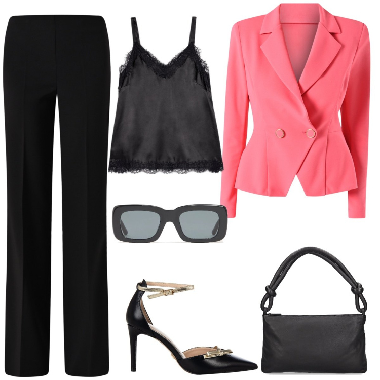 Outfit donna - Total look #2209000. Stile Casual chic per Cerimonia. Abbinamento con pantaloni a palazzo, décolleté, blazer, canottiere, occhiali da sole, borse a spalla.