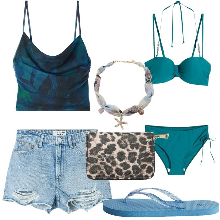 Outfit donna - Il costume perfetto - @ellystyle. Stile Trendy per Mare. Abbinamento con bikini, canottiere, shorts, infradito, portafogli, collane.