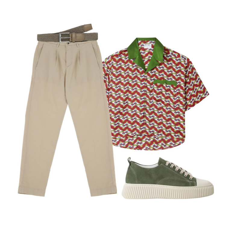 Outfit uomo - In città. Stile Casual per Tutti i giorni. Abbinamento con camicie a manica corta, cinture, sneakers, pantaloni chino.