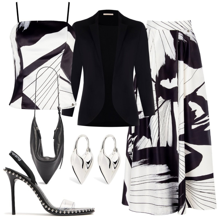 Outfit donna - Dresscode: bianco e nero. Stile Casual chic per Serata fuori. Abbinamento con gonne lunghe, blazer, canottiere, borse a spalla, sandali in pelle, orecchini.