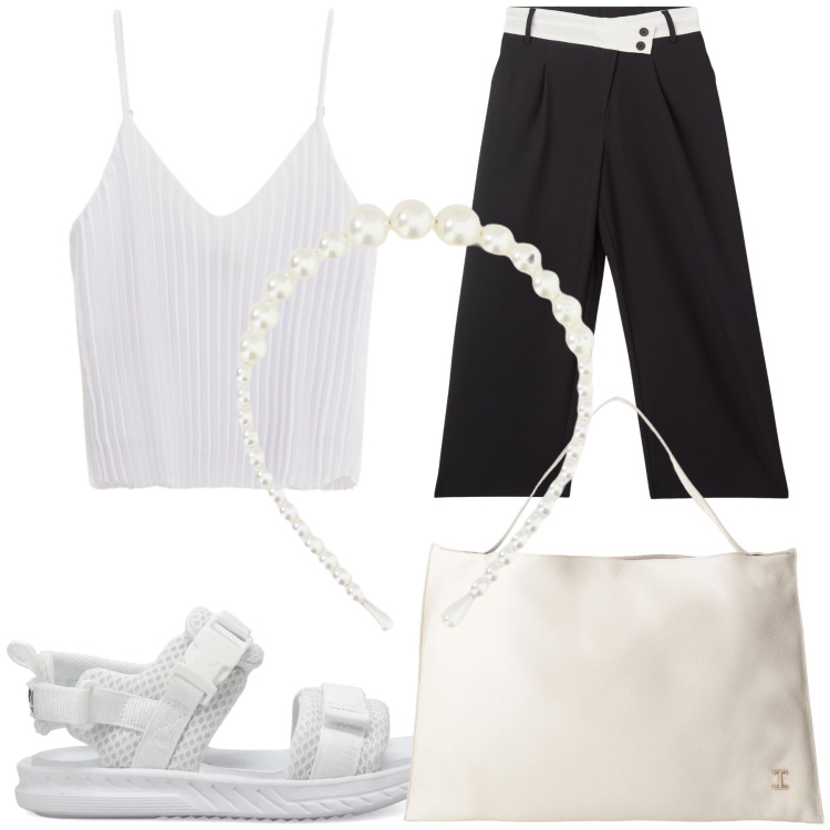 Outfit donna - Saldi Bantoa total look. Stile Urban per Tutti i giorni. Abbinamento con pantaloni, sandali, top, borse a spalla, cerchietti.