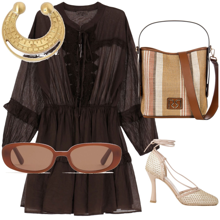 Outfit donna - Ceniamo in centro. Stile Chic per Serata fuori. Abbinamento con décolleté, vestiti corti, borse a secchiello, occhiali da sole, orecchini.