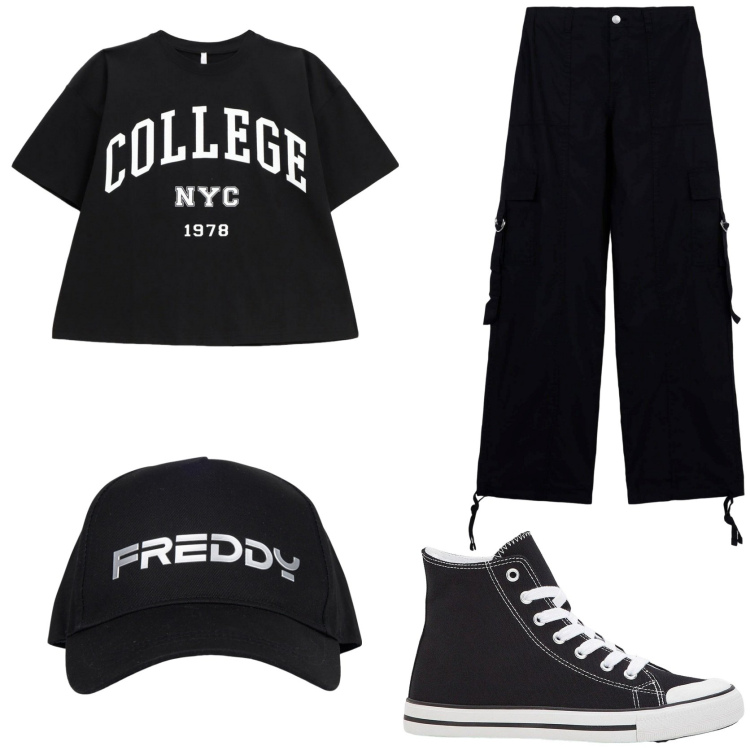 Outfit donna - Urban girl. Stile Urban per Tutti i giorni. Abbinamento con sneakers alte, pantaloni cargo, t-shirt, cappelli.