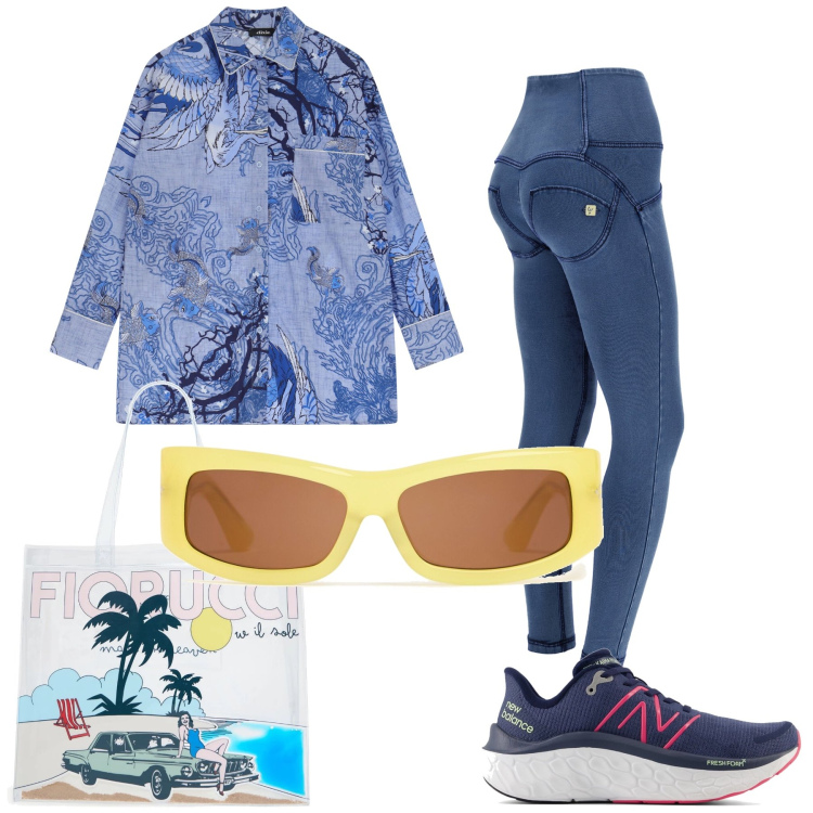 Outfit donna - Comoda in vacanza. Stile Casual per Tutti i giorni. Abbinamento con sneakers, jeggings, camicie, occhiali da sole, borse tote.