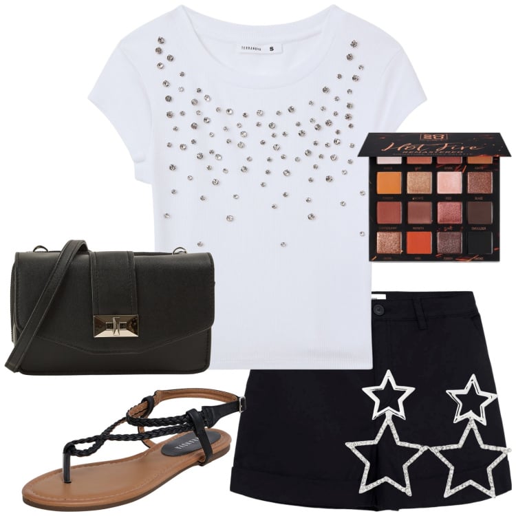Outfit donna - Shorts noir. Stile Rock per Tutti i giorni. Abbinamento con ombretti, ciabatte, orecchini, pantaloni corti, borse a tracolla, t-shirt.