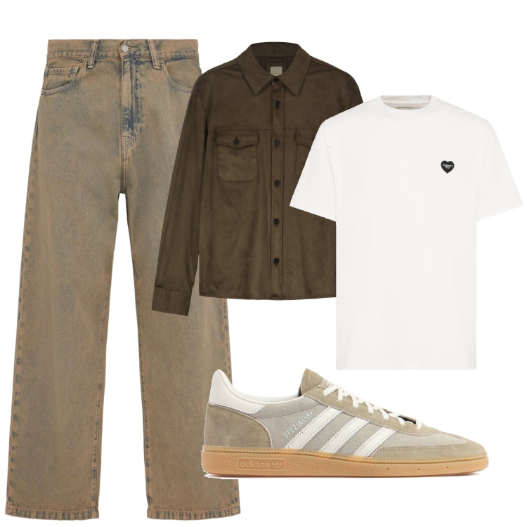 Outfit uomo - Nei colori della terra. Stile Casual per Tutti i giorni. Abbinamento con giacche, t-shirt, jeans, sneakers.