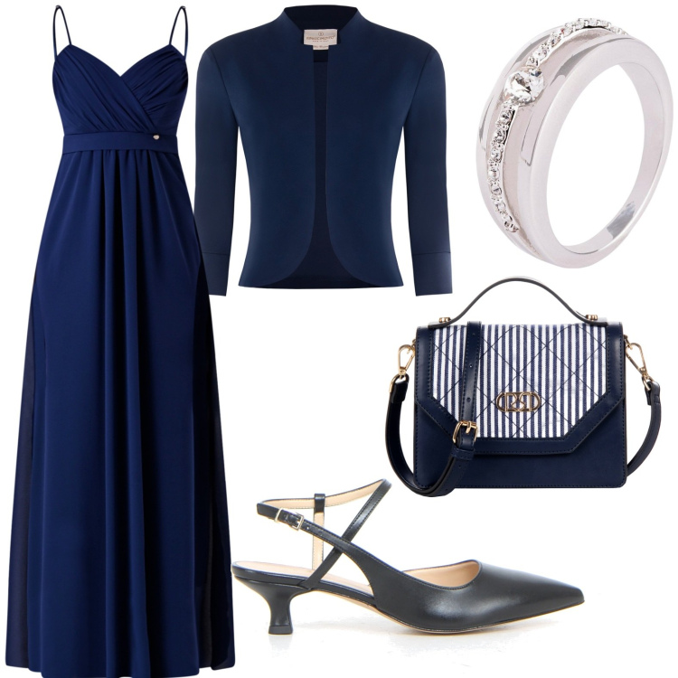 Outfit donna - Tutto in blu. Stile Romantica per Cerimonia. Abbinamento con anelli, vestiti lunghi, bolero, borse a mano, décolleté.
