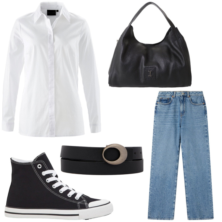 Outfit donna - La camicia evergreen. Stile Urban per Tutti i giorni. Abbinamento con camicie, sneakers alte, jeans dritti, pochette, cinture.