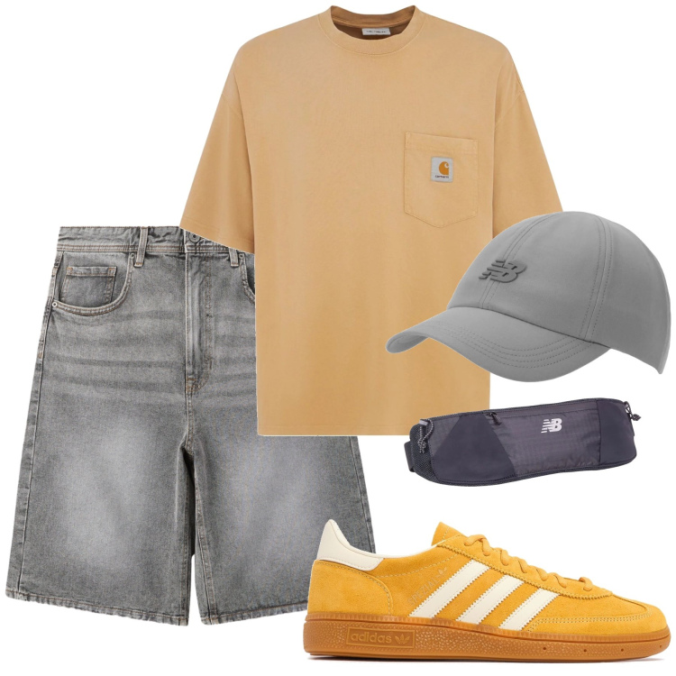 Outfit uomo - Grigio e giallo. Stile Casual per Tutti i giorni. Abbinamento con bermuda, cinture, cappelli con visiera, sneakers, t-shirt.
