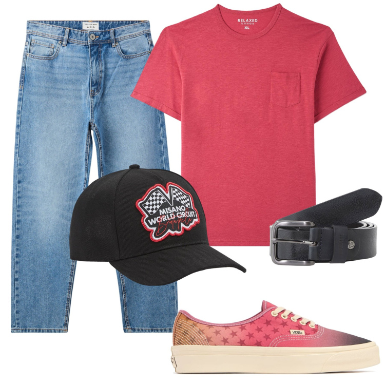 Outfit uomo - Una vans protagonista. Stile Biker Rock per Tutti i giorni. Abbinamento con t-shirt, cappelli, jeans, cinture, sneakers.
