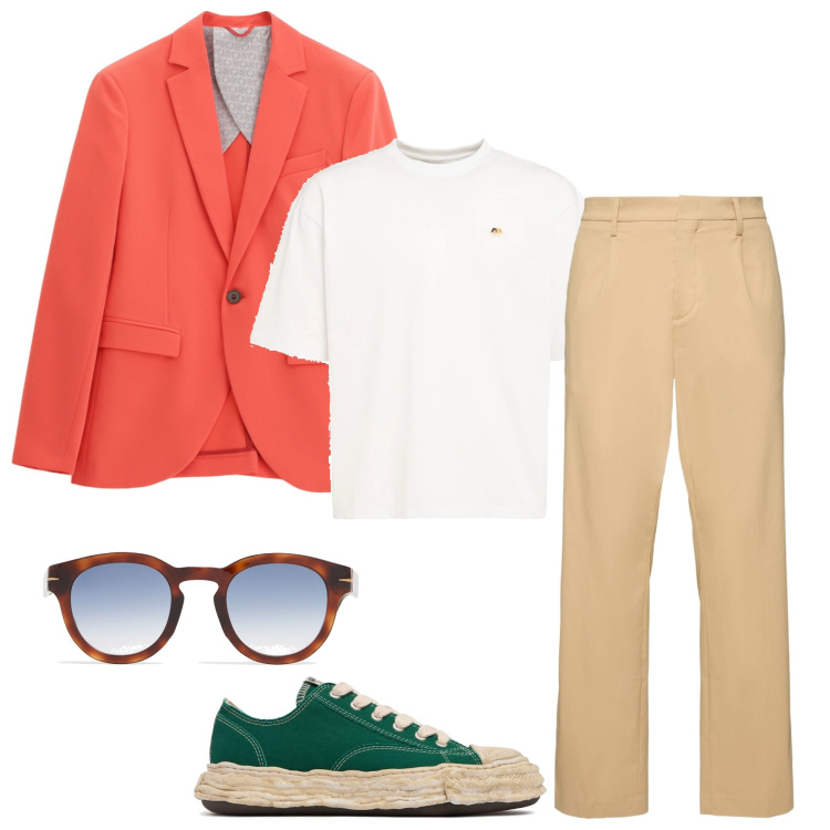 Outfit uomo - Informale cena tra amici. Stile Casual per Serata speciale. Abbinamento con giacche, occhiali da sole, t-shirt, pantaloni, sneakers, t-shirt.