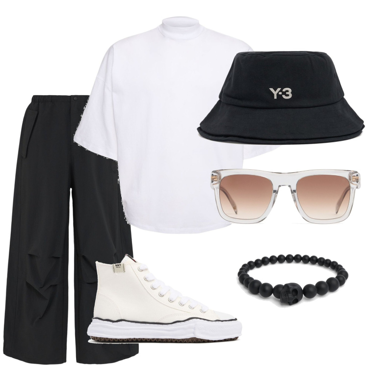 Outfit uomo - Minimale. Stile Urban per Tutti i giorni. Abbinamento con braccialetti, occhiali da sole, sneakers alte, t-shirt, cappelli, pantaloni.