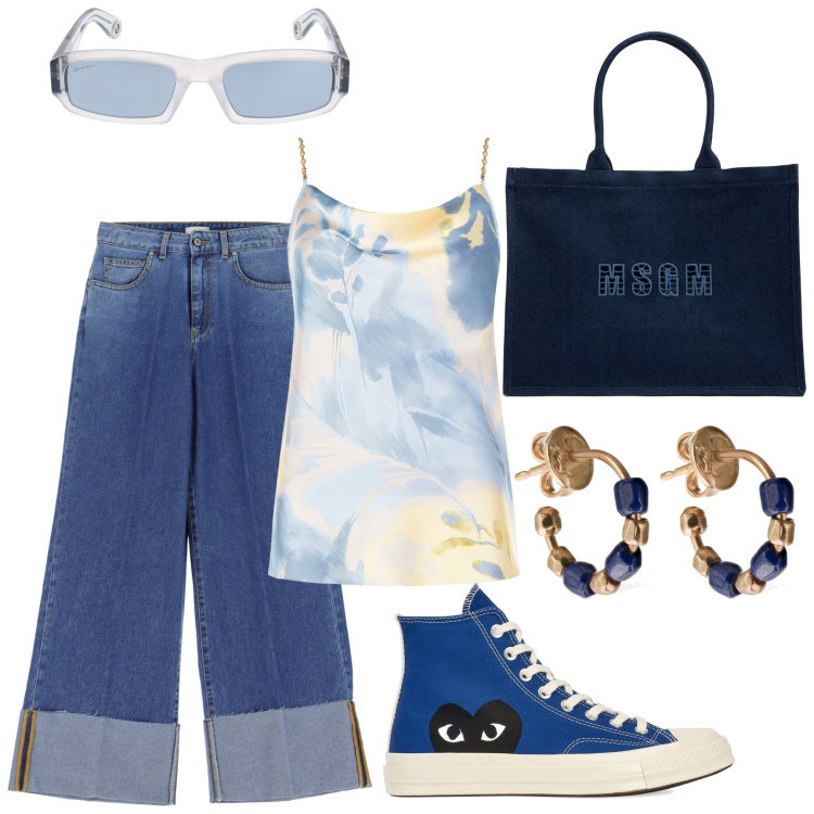 Outfit donna - Sportivamente chic. Stile Sporty chic per Tutti i giorni. Abbinamento con top, jeans, orecchini, occhiali da sole, sneakers, shopping bag.