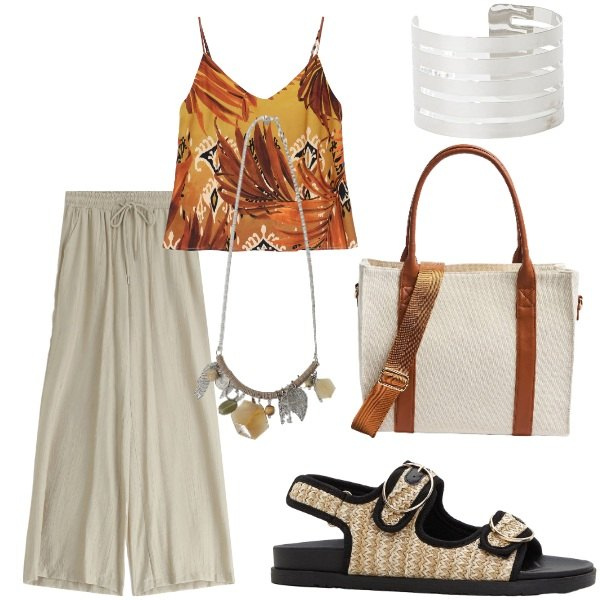 Outfit donna - Le serate di Luglio. Stile Casual per Serata fuori. Abbinamento con sandali, shopping bag, pantaloni, canottiere, braccialetti, collane.