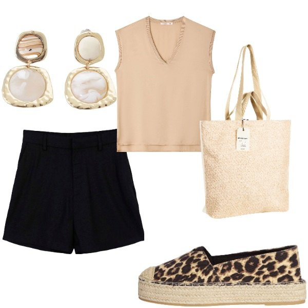 Outfit donna - Outifit di luglio. Stile Casual per Tutti i giorni. Abbinamento con espadrillas, bermuda, top, borse tote, orecchini.