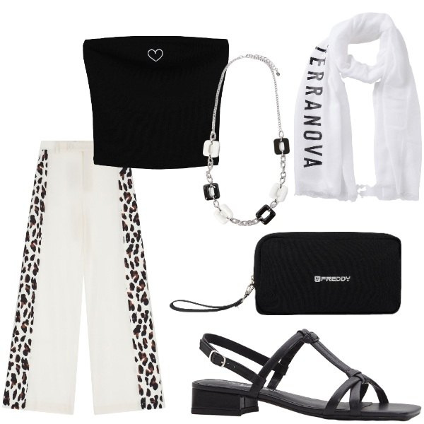 Outfit donna - Serata tra amici. Stile Casual per Tutti i giorni. Abbinamento con sandali col tacco, top, foulard, pantaloni a palazzo, valigie, collane.