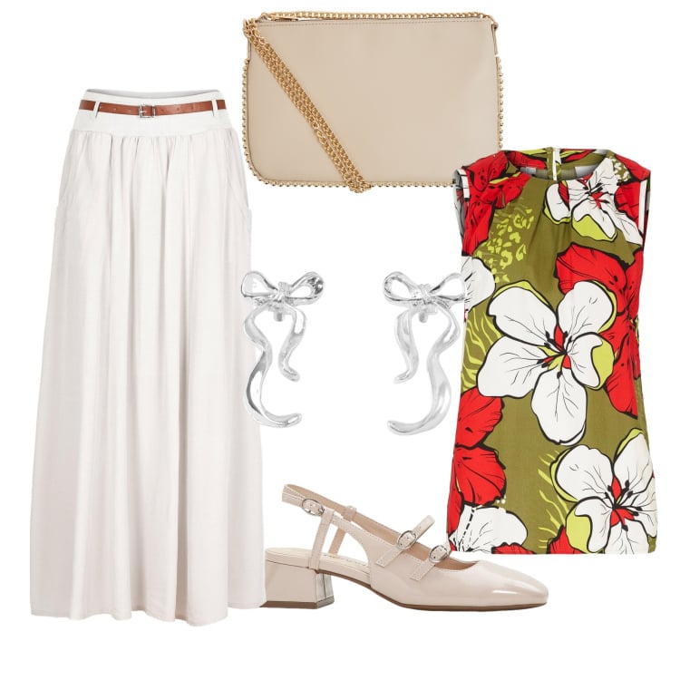 Outfit donna - Fiori vivaci. Stile Boho per Tutti i giorni. Abbinamento con gonne lunghe, top, décolleté, borse a tracolla, orecchini.