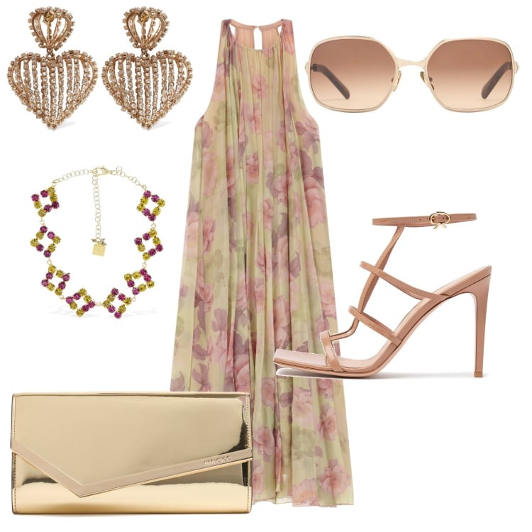 Outfit donna - Testimone. Stile Chic per Cerimonia. Abbinamento con vestiti lunghi, sandali in pelle, occhiali da sole, orecchini, collane, pochette.