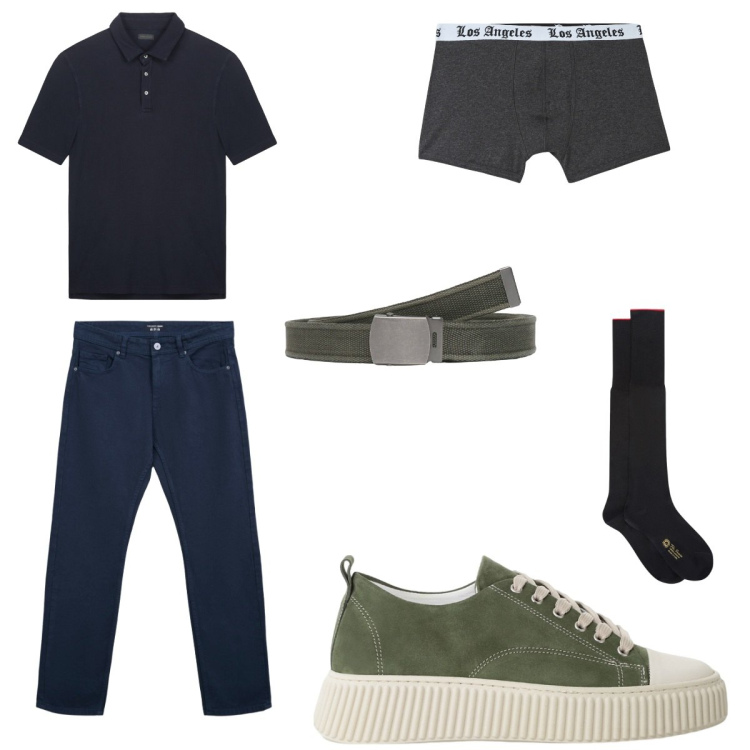 Outfit uomo - Per un uomo sprintoso. Stile Casual per Tutti i giorni. Abbinamento con sneakers, calzini, polo, jeans dritti, boxer, cinture.