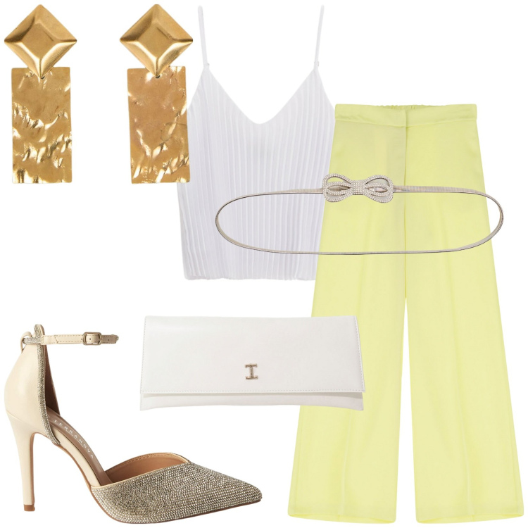Outfit donna - Total look #2209053. Stile Casual chic per Serata fuori. Abbinamento con cinture, décolleté, top, pantaloni, pochette, orecchini.