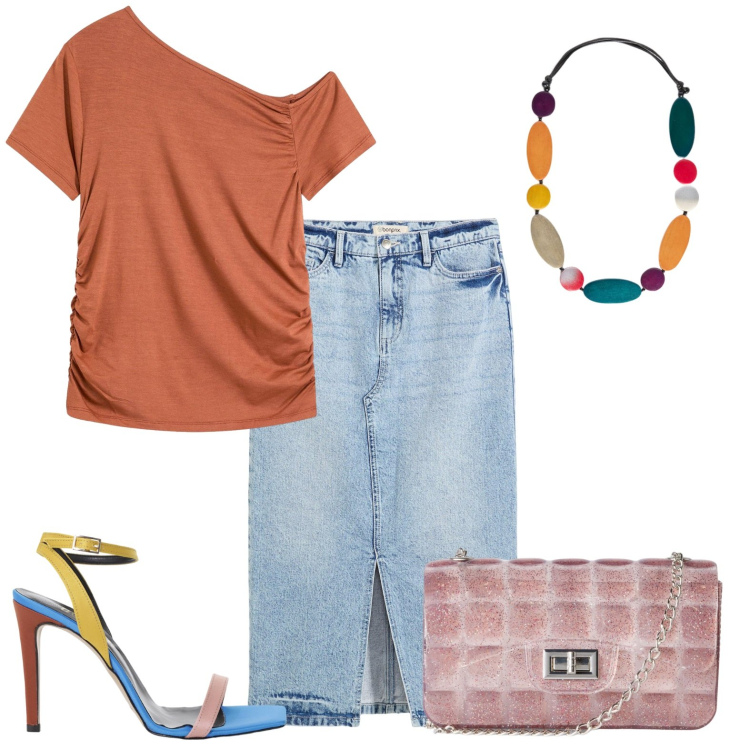 Outfit donna - 100%colore. Stile Glamour per Tutti i giorni. Abbinamento con bluse, gonne longuette, borse a tracolla, sandali col tacco, collane.